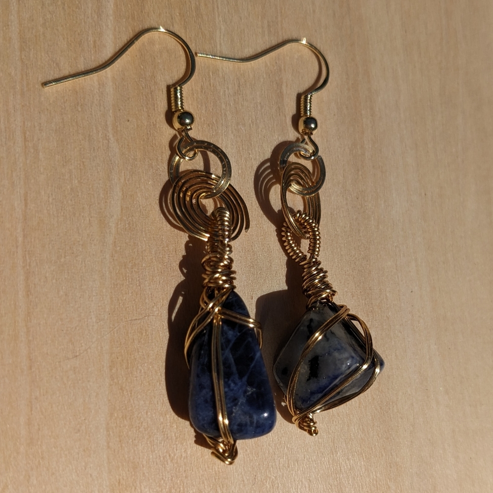 Sodalite Crystals Earrings Gold Hoops Wire Wrapped Handmade Crystals Gemstone - Picture 15 of 16